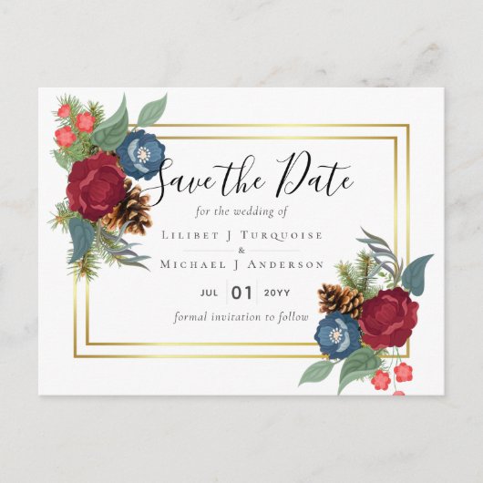 HAUSHALTSWinter Hochzeit Burgund Aquamarin Blue Mo Postkarte (Vorderseite)