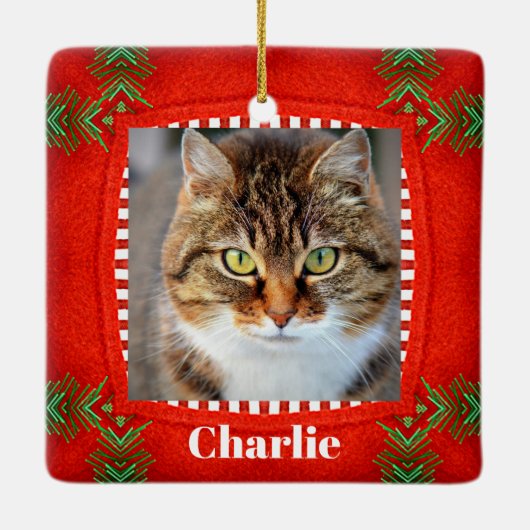 Hauskatze Foto Niedlich Rot Grün Weihnachten Keramikornament (Rückseite)