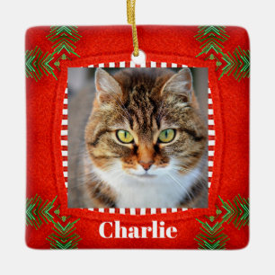 Hauskatze Foto Niedlich Rot Grün Weihnachten Keramikornament