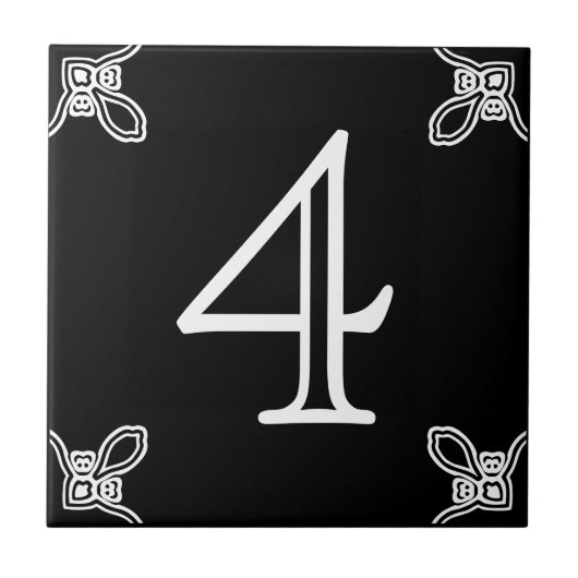 Hausnummer: Spanisch Weiß auf schwarzem Tile Fliese (Vorderseite)