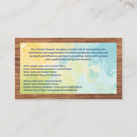 Hausreiniger | Holzrahmen | Hintergrund Wasserfarb Visitenkarte (Rückseite)