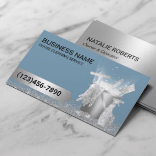 Hausreinigung Dusty Blue Silver Glitzer Visitenkarte
