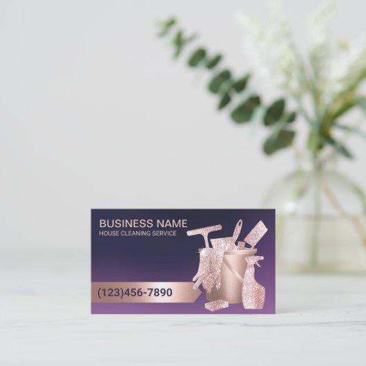 Hausreinigung Lila & Rose Gold Beruflich Visitenkarte (Stehend Vorderseite)