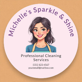 Hausreinigung Moderne Frau Rosa Runder Aufkleber