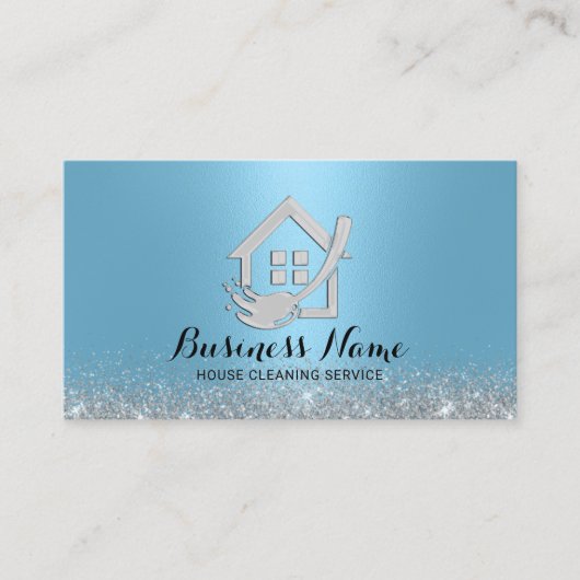 Hausreinigung Modernes Light Blue House & Mop Logo Visitenkarte (Vorderseite)