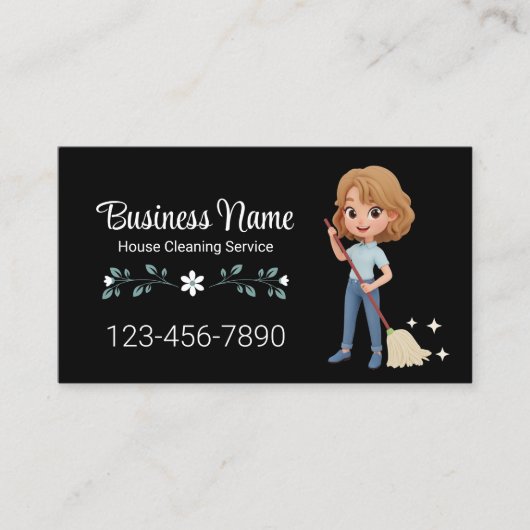 Hausreinigung Niedlicher Cartoon Girl Black Visitenkarte (Vorderseite)