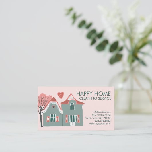 Hausreinigung Zuhause-Services Charming Rosa Grün Visitenkarte (Stehend Vorderseite)