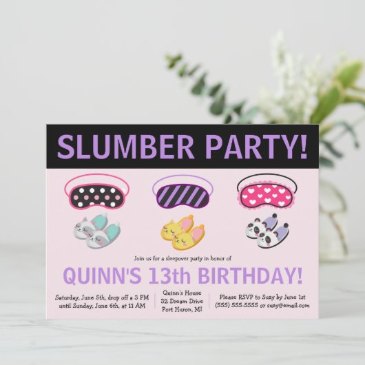 Hausschuhe und Augenmasken Slumber Party Geburtsta Einladung (Stehend Vorderseite)