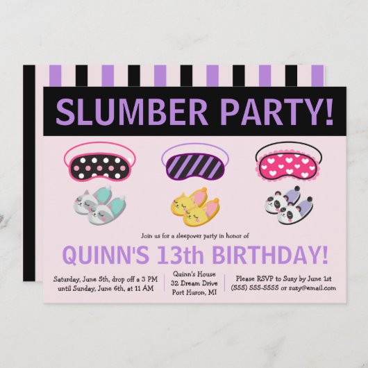 Hausschuhe und Augenmasken Slumber Party Geburtsta Einladung (Vorne/Hinten)