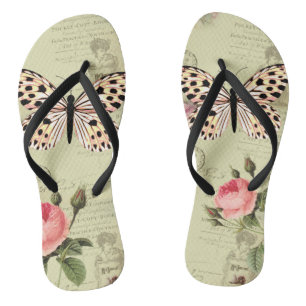 hausschuhe vintage, Rose und Schmetterling auf Badesandalen