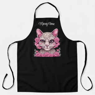 Hausschürze mit rosa Rosen und Katze personalisier Schürze