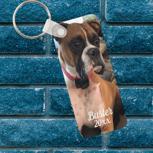 Haustier Boxer Foto   Weiße Typografie Personalisi Schlüsselanhänger