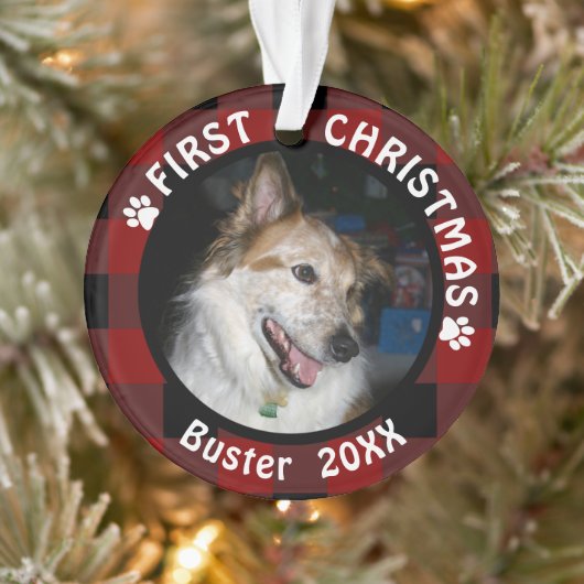 Haustier Erste CHRISTMAS 2-Foto Rot & Schwarz Kari Ornament (Baum)