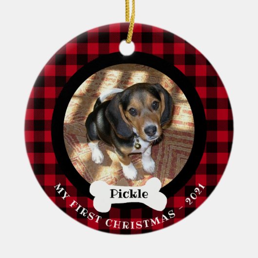 Haustier Erste Weihnachtsbüffel Kariert 2-Foto 2 S Keramik Ornament (Vorne)