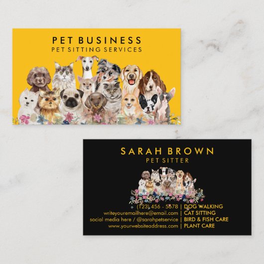 Haustier Groomer Wellness-Center Hunde Katzen gelb Visitenkarte (Vorne/Hinten)