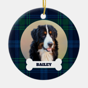 Haustier-Hund-Foto Blau Grün Tartan Karo Name auf  Keramik Ornament