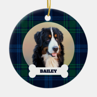 Haustier-Hund-Foto Blau Grün Tartan Karo Name auf  Keramik Ornament