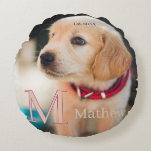 Haustier-Hund-Foto-est-Jahr-Name-Monogramm-Katze-E Rundes Kissen
