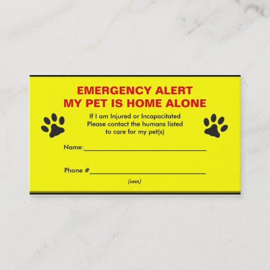 Haustier-Notalarm-Zuhause-alleingeschäfts-Karten Telefonnummerkarte (Vorderseite)