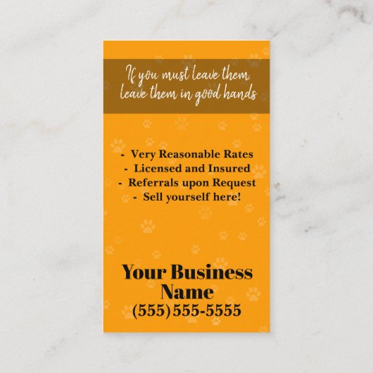 Haustier-Sitzen, Visitenkarte (Rückseite)