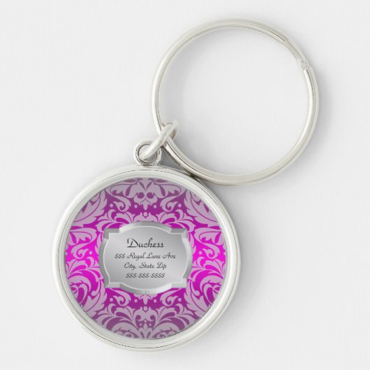 Haustier-Umbau Herzogin-Pink Damask Silver Plaque Schlüsselanhänger (Vorne)