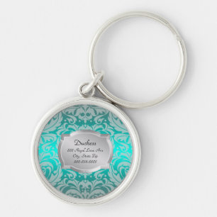 Haustier-Umbau Herzogin-Teal Damask Silver Plaque Schlüsselanhänger