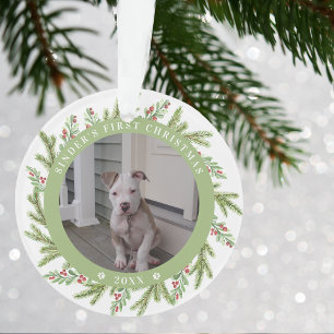 Haustier Welpe Hund erstes Weihnachten 2 Fotos Grü Ornament