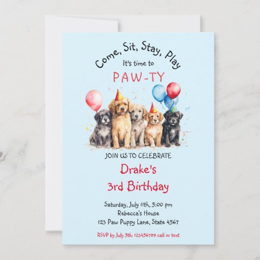 Haustier Welpen Hund Geburtstag Pawty Einladung (Vorderseite)