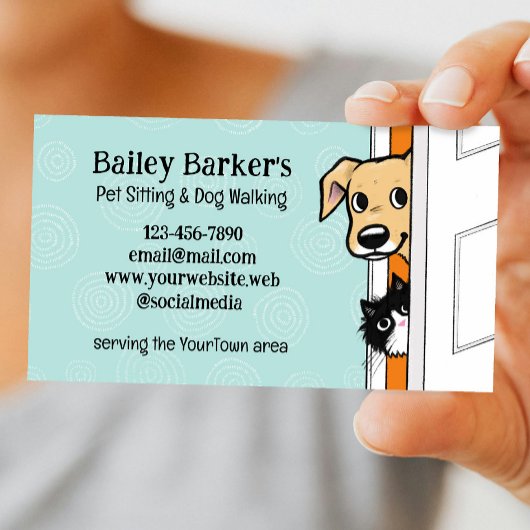 Haustiere Sitzen Niedliche Peeking Hunde und Katze Visitenkarte