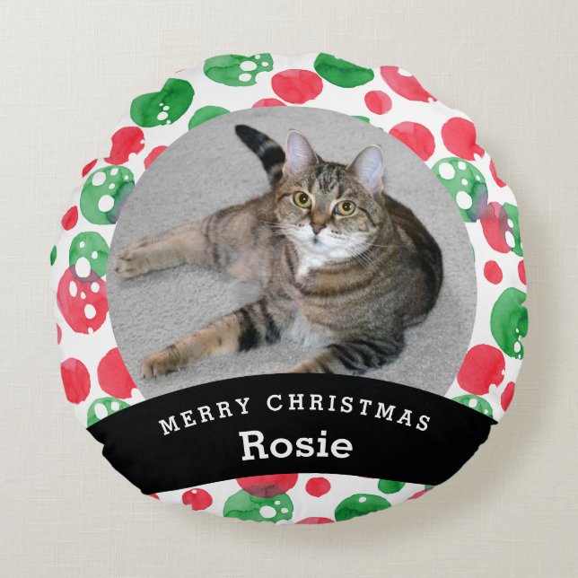 Haustierpersonalisierte rote grüne rundes kissen (Vorderseite)