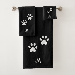 Haustierpfoten & Monogramm auf schwarzem Badehandt Badhandtuch Set