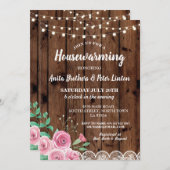 Hauswärmung Rustikale Spitzen Holz Rosa Blütenlade Einladung (Vorne/Hinten)