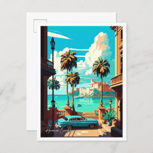 Havana Cuba Art Vintage Travel Illustration Postkarte