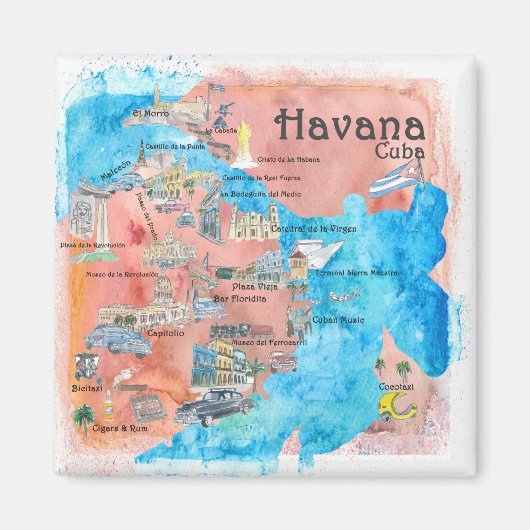 Havana Cuba Illustriert Retro Travel Map Magnet (Vorne)