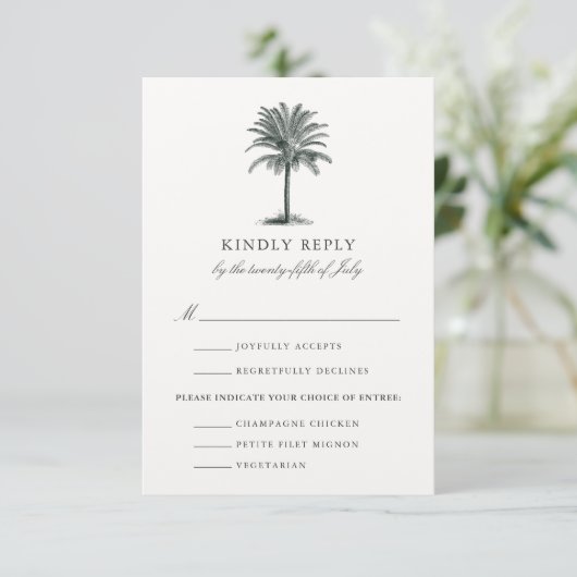 Havana Palm Wedding RSVP Card mit Speisekarte (Stehend Vorderseite)
