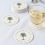 Havana Palm Wedding Runder Pappuntersetzer<br><div class="desc">Die schicken Untersetzer der Insel sind eine perfekte Ergänzung zum Strand,  der tropischen Insel,  Hawaii oder der Hochzeit in Urlaubsort. Das Design zeigt Ihre Namen und das Hochzeitdatum in Holzkohlegrau und umschließt eine Vintag geätzte Palmenpalmenbild in der Mitte. Entworfen,  um sich mit unserer Hochzeitskollektion in Havanna Palm abzustimmen.</div>