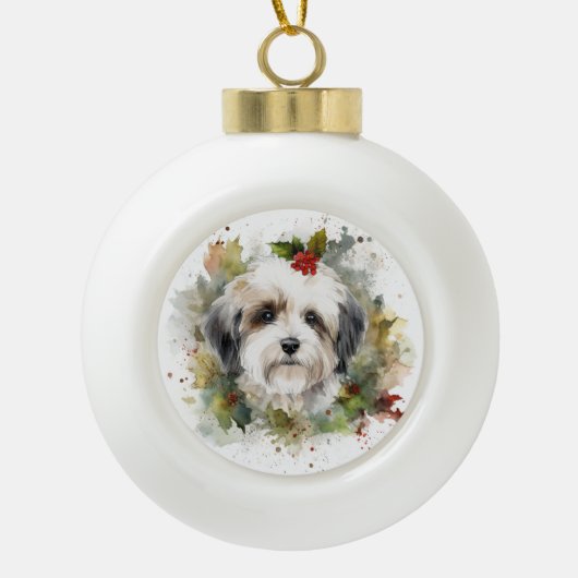 Havanese Christmas Wreath Festivals Keramik Kugel-Ornament (Vorderseite)