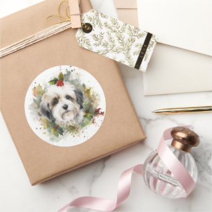 Havanese Christmas Wreath Festivals Runder Aufkleber