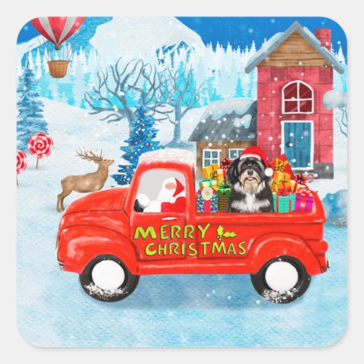 Havanese Dog Christmas Delivery LKW Schnee Quadratischer Aufkleber (Vorderseite)