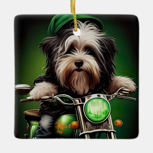 Havanese Dog Driving Bike St. Patrick's Day Keramikornament (Vorderseite)