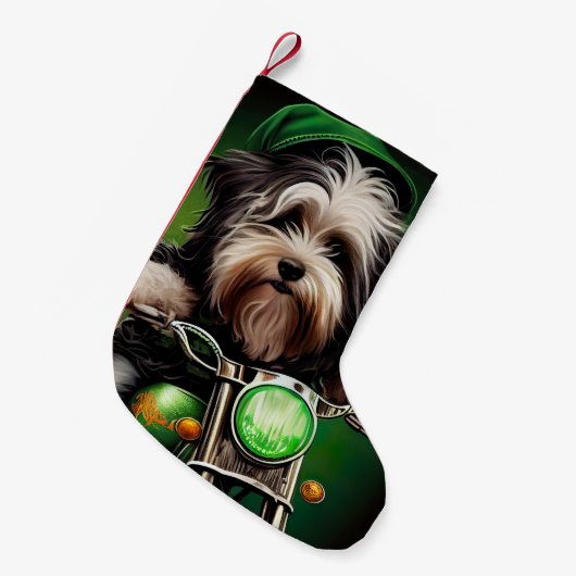 Havanese Dog Driving Bike St. Patrick's Day Kleiner Weihnachtsstrumpf (Vorderansicht (hängend))