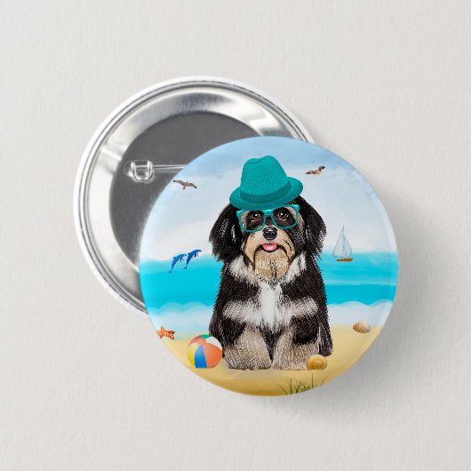 Havanese Dog on Beach Button (Vorne & Hinten)