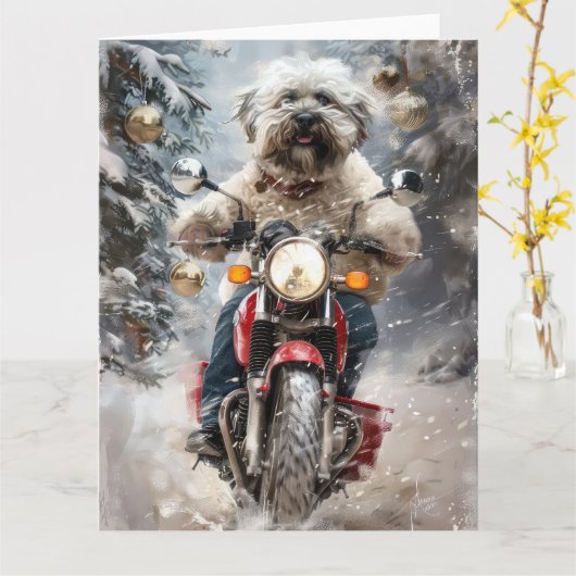 Havanese Dog Riding Motorrad Weihnachten Karte (Gelbe Blume)