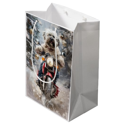 Havanese Dog Riding Motorrad Weihnachten Mittlere Geschenktüte (Rückseite Schrägansicht)