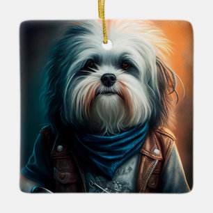 Havanese-Hund auf Fahrrad Digitale Malerei Keramikornament