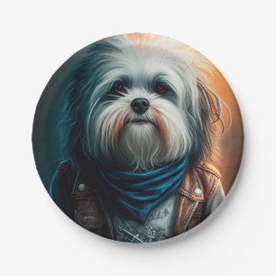 Havanese-Hund auf Fahrrad Digitale Malerei Pappteller