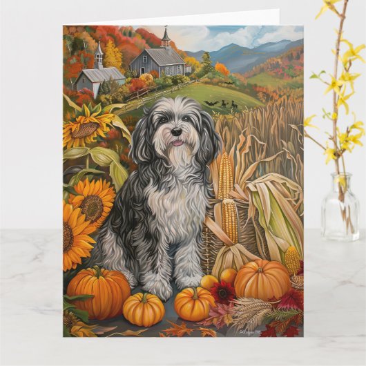 Havanese Hund Herbsternte Erntedank Karte (Gelbe Blume)