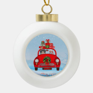 Havanese-Hund im Auto mit dem Weihnachtsmann  Keramik Kugel-Ornament