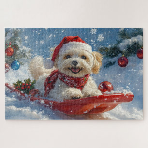Havanese Hund im Schlitten Lass es schneien Weihna Puzzle