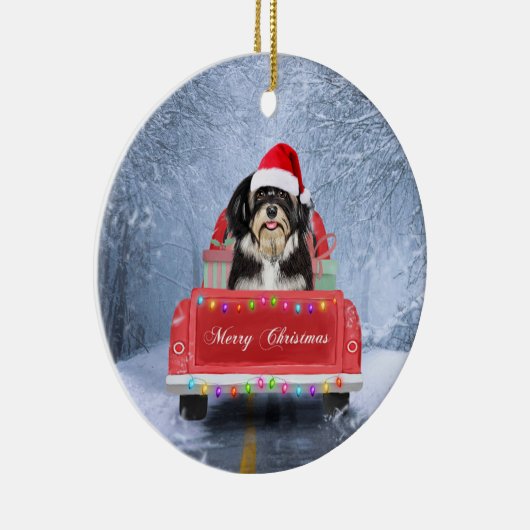 Havanese Hund im Schnee sitzend im Weihnachtswagen Keramik Ornament (Rechts)